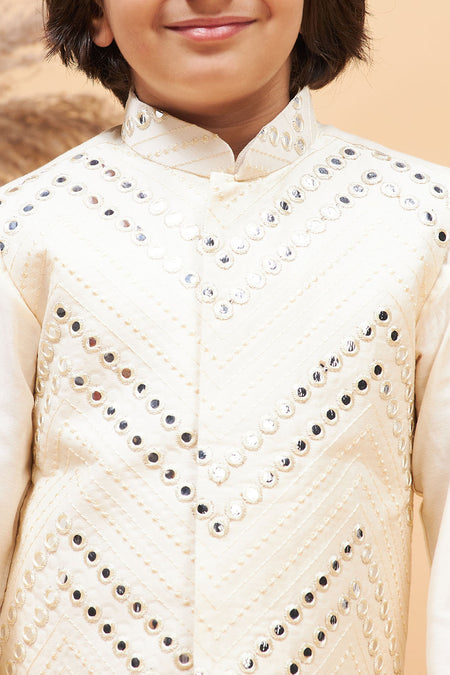 VASTRAMAY Cream Mirror Jacket With Cream Kurta and Pyjama Baap Beta Set